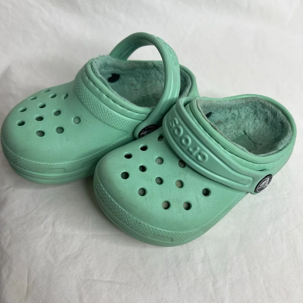 Crocs Kids C6 Lined Clogs Mint Green Fleece Winter Slip On Shoes
